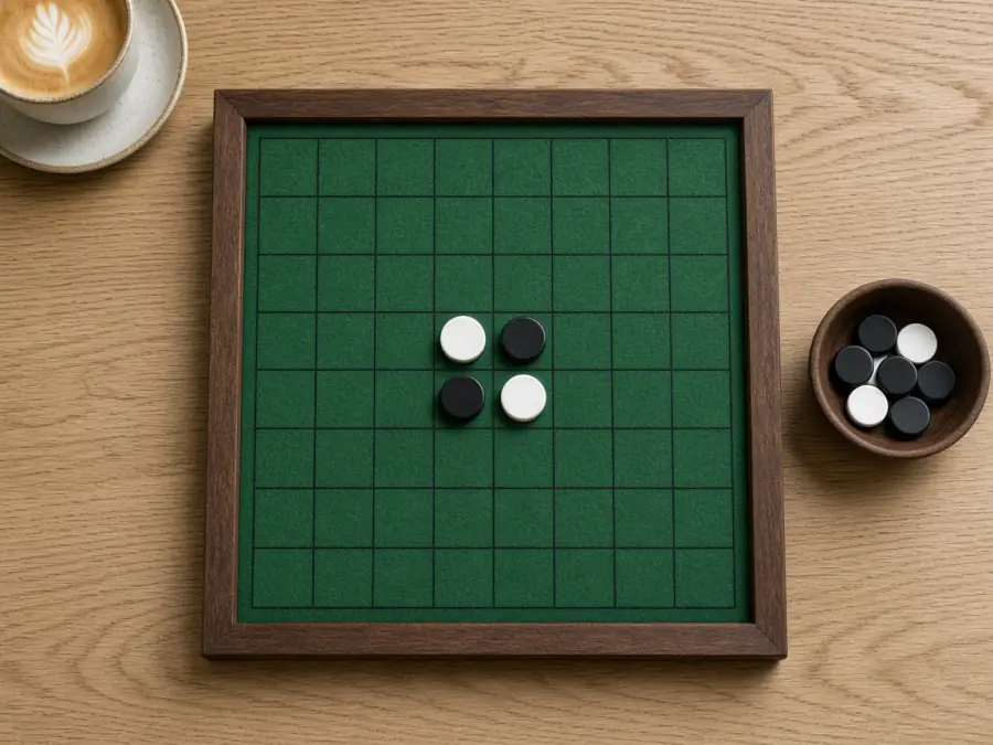 Tavoliere di Reversi 8×8 con cornice di legno e feltro verde, sul tavolino di un caffè, con le quattro pedine d'apertura al centro
