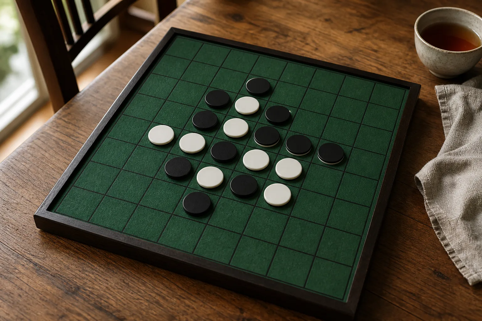 Black and white discs on an 8×8 online Reversi board during a game against local AI