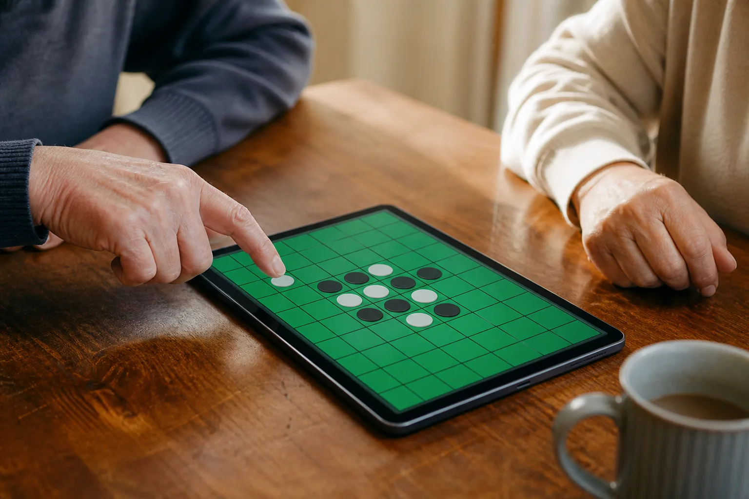 Two pairs of hands around a tablet showing an early Reversi position